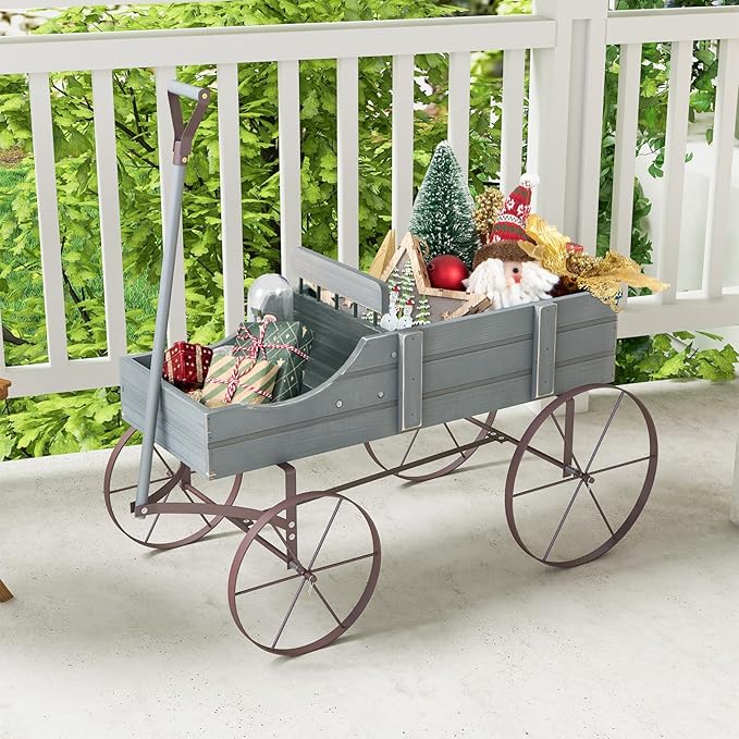 HAPPYGRILL Wooden Wagon Planter, 24.5” x 13.5” x 24” Decorative Garden Planter w/ 2 Planting Sections, Wheels, Handle, Small Decorated Cart, Flower Planter Box for Indoor Outdoor Patio (Grey)