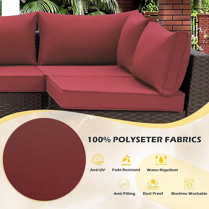 HOMREST Outdoor Replacement Cushions for Patio Furniture,Water-Repellent Sofa Cushion for 6-Seat Rattan Wicker Sectional Patio Conversation Sets,14-Piece Cushions Set for Outdoor Couch（Burgundy Red）