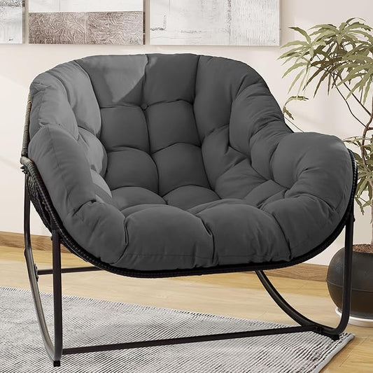 Papasan Rocking Chair, Oversized Papasan Chair with Cushion and Frame for Indoor& Outdoor,Egg-Shaped Patio Rocking Chair for Garden, Deck, Living Room, Light Grey