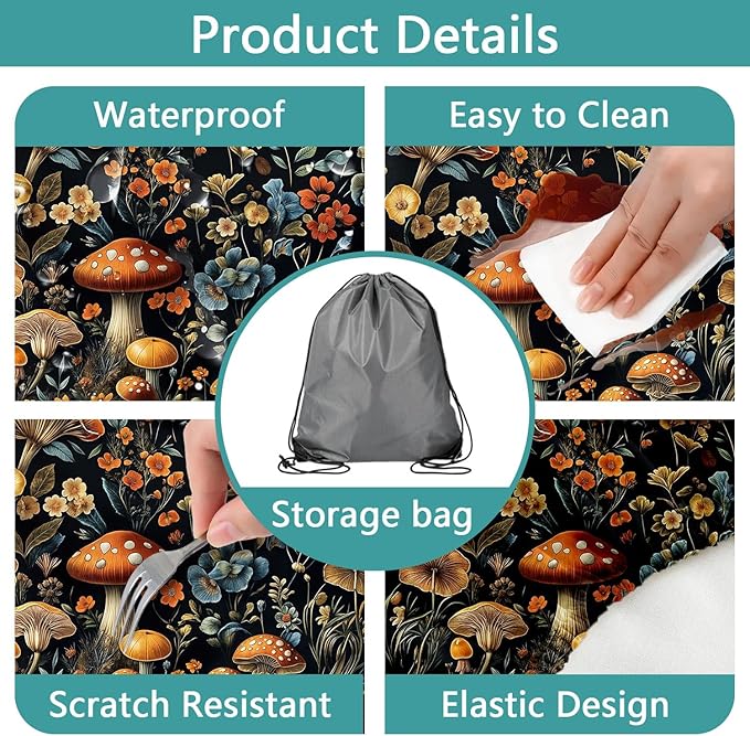 Picnic Table Cover with Bench Covers and Bag, Summer Outdoor Waterproof Windproof Tablecloth with Elastic Edges, Camping Accessories RV Gear Campers 3 Pcs Set, Black Mushroom 30X60inch