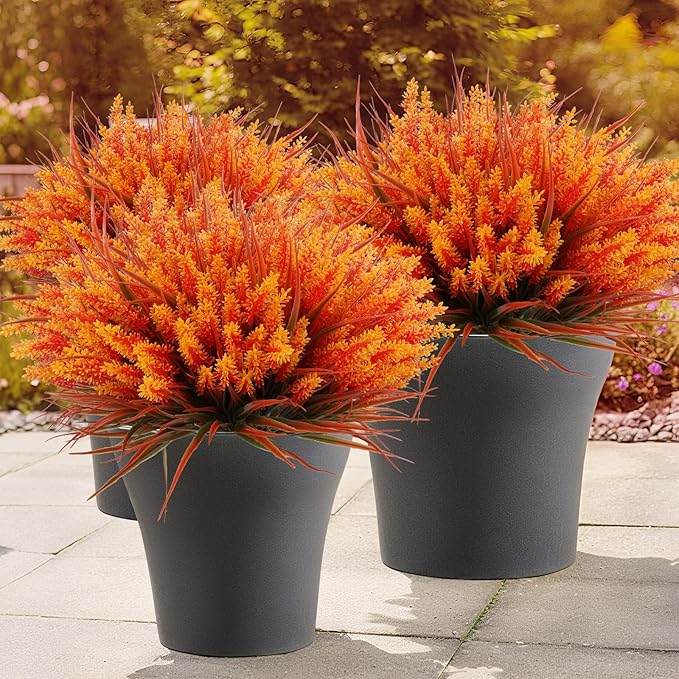 Geegoods 24 Bundles Artificial Fall Flowers Outdoor – Faux Lavender Flowers with Monkey Grass UV Resistant Plastic Faux Plants for Garden Porch Patio Home Decor, Autumn-Orange Color (Pack of 2)
