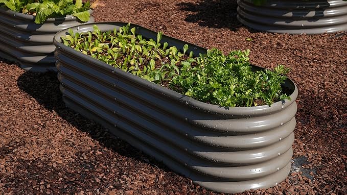 A ANLEOLIFE 14-Piece 18 Inch Tall Raised Garden Beds Kit, Heart-Shaped, Long Oval & Round Metal Planters – Ideal for Creative Garden Layouts, Quartz Grey