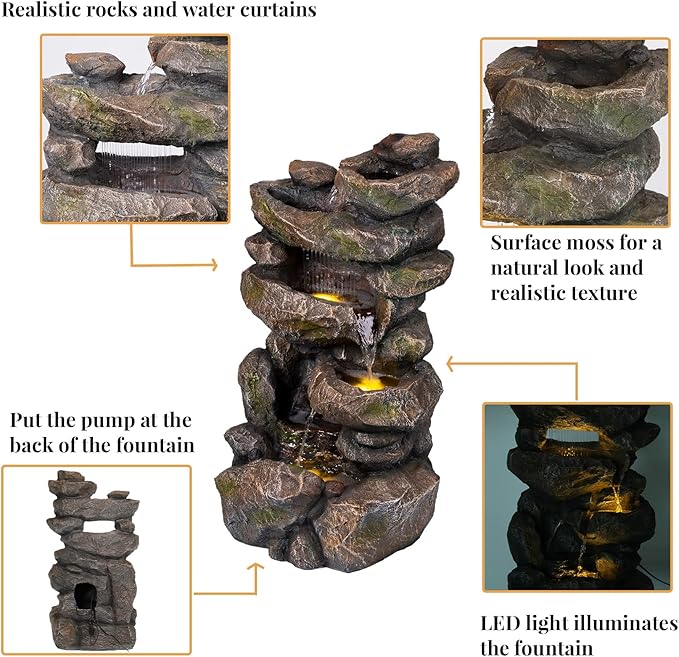 Ferrisland 31.5” Outdoor Rock Waterfall Fountain – 5-Tier Rustic Cascading Water Feature with LED Lights | Relaxing Flow & Ambient Glow for Garden, Patio, Yard | Stylish Home Decor Idea