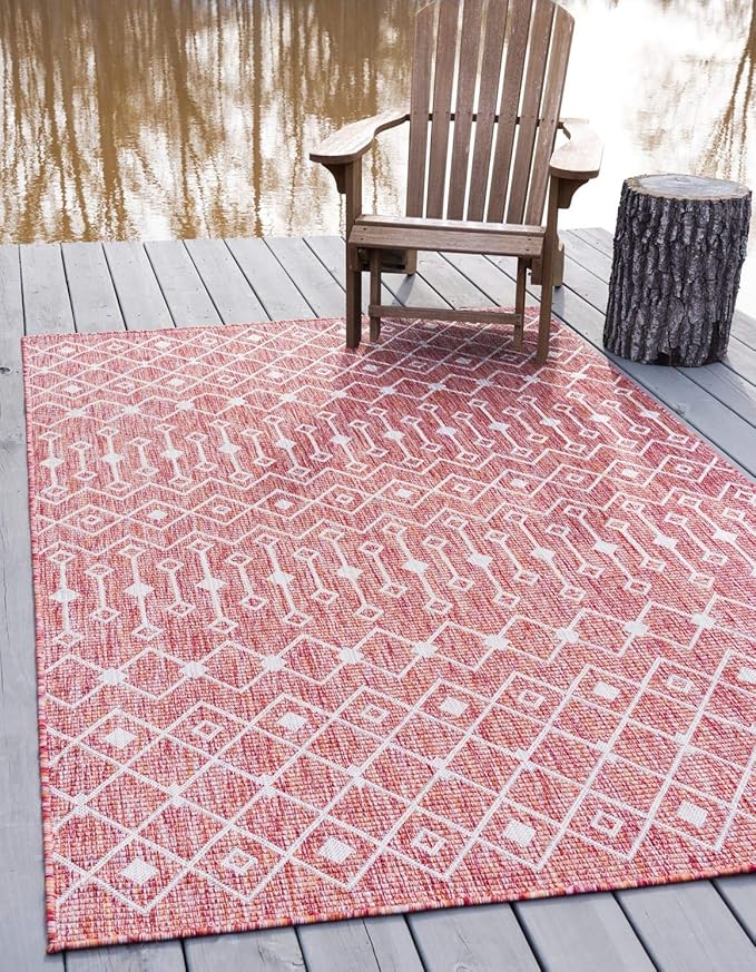 Unique Loom Outdoor Trellis Collection Area Rug - Tribal Trellis (7' 1" x 10' Rectangle, Rust Red/ Ivory)