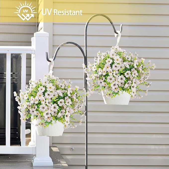 Artificial Flowers Outdoor Faux Plants UV Resistant Fake Patio Flowers Plastic Greenery Plnats Outside Bulk for Spring Garden Hanging Planter Home Vase Decor, 24 Bundles (White)
