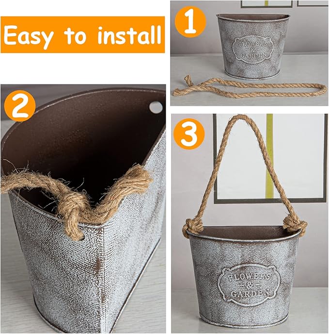 XONOR 4Pcs Galvanized Metal Hanging Wall Planter, Rustic Wall Flower Vase for Succulents Herbs Country Home Farmhouse Wall Decoration (2)