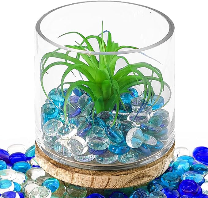 CYS EXCEL Blue Mix Glass Gemstone Beads Vase Fillers (1 LB) Flat Marble Beads Multiple Color Choices Aquarium Decor Rocks Floral Stones Decorative Mosaic Gem Pebbles (Approx. 85-100 PCS)