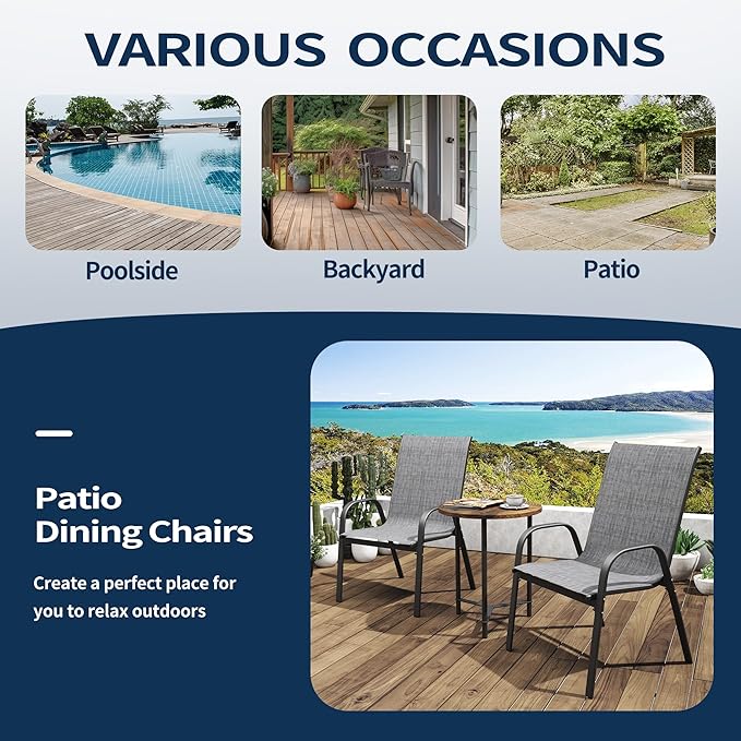 PIZZELLO Patio Chairs Set of 4 - Outdoor Stackable Dining Chairs for All Weather - Breathable Textilene Outdoor Chair Sets with Curved Armrests - 300Lbs Capacity - for Lawn Backyard Garden (Grey)