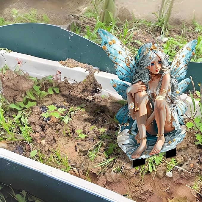 Garden Decor, Acrylic 2D Stake, Pot Plants Garden Yard Lawn Outdoor Fairy Statue Ornaments, Fairy Garden Accessories Decoration (Style E)