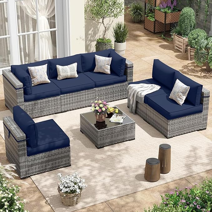 Patio Sectional Cushions, 14-Piece Replacement Cushions for Outdoor Furniture, Water-Resistant Outdoor Sofa Cushion for 6-Seat Rattan Wicker Sectional Conversation Sets (Navy Blue111)