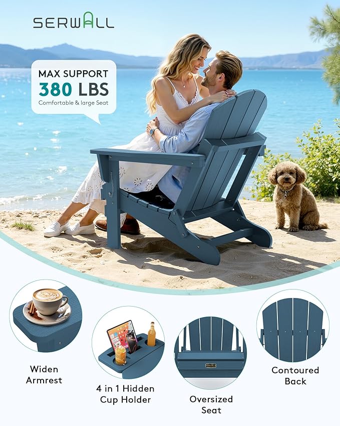 SERWALL Folding Adirondack Chair, Patio Adirondack Chairs with 4 in 1 Cup Holder, Weather Resistant Patio Chair, Plastic Fire Pit Chair for Outdoor, Garden, Backyard, Deck - Blue