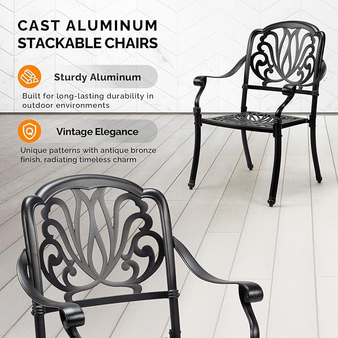 VINGLI Patio Chairs Set of 4 - Stackable Outdoor Cast Aluminum Dining Chairs with Vintage Black Finish and Floral Pattern, Metal Armchairs for Poolside, Backyard, Balcony (No Cushion)