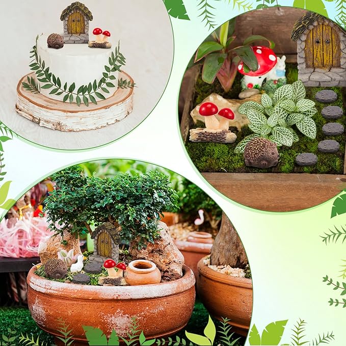 Bucherry 8 Pcs Fairy Garden Decor Including Tiny Circular Arch Door, Hedgehogs & Wood Mushroom Sculpture, Stone Path Road Fairy Wild Garden Supplies Terrarium Miniature DIY Accessories