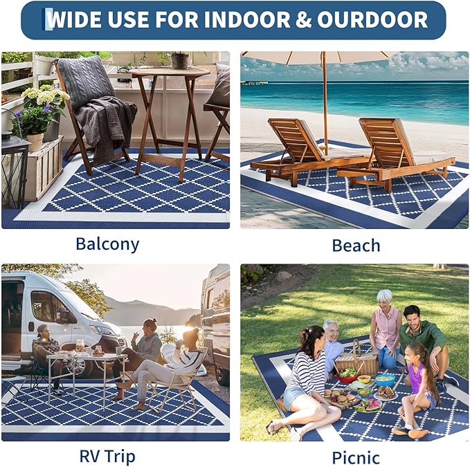 COZYLOOM Outdoor Patio Rug 8x10 Waterproof Reversible Plastic Straw Mat, Large Modern Boho Area Rug Indoor Outdoor Rugs for Deck, Balcony, Pool, Camping, Beach, Picnic, Porch, RV, Navy&White