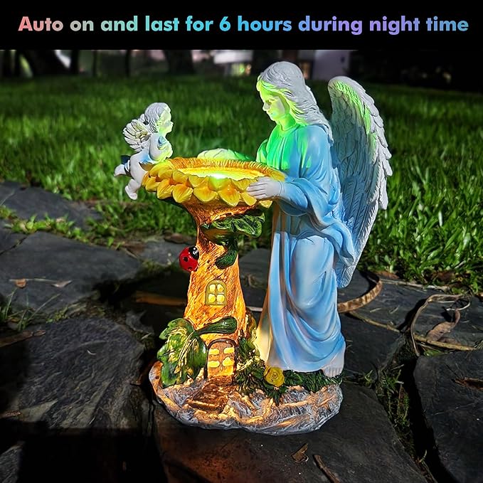 Solar Garden Statue, Angel Outdoor Decor with Color Changing Light Garden Figurine Sunflower Outdoor Statue Waterproof Sculpture Lawn Ornament for Patio Backyard Christmas Birthday Present