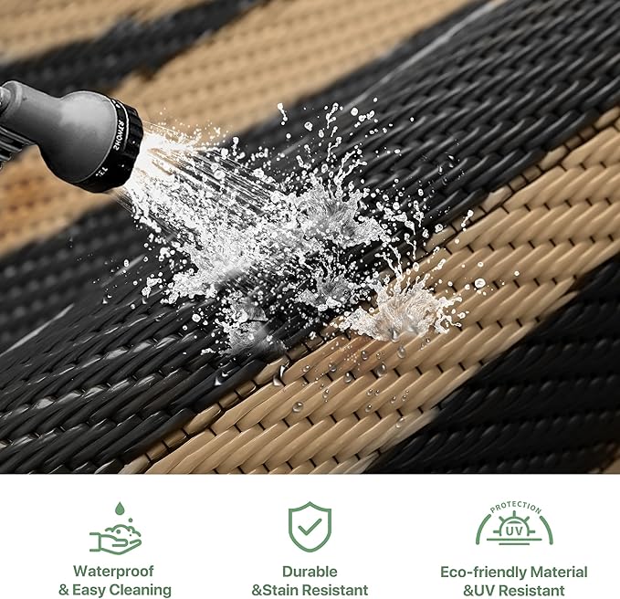 GENIMO Outdoor Rug Waterproof 8'x10' for Patio, Foldable Reversible Plastic Straw Carpet for Travel Trailers, Outside Area Mat for Rv, Deck, Picnic, Porch, Camper, Balcony, Beach, Black & Brown