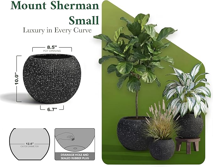 DTY Mount Sherman 12.6" D x 10'' H (Pot Opening 8.5") Fiberstone Round Planter with Drainage Hole, Smooth Finishes, Weather Resistant for Indoor and Outdoor, 2 Extra Coco Mats - Ribbed Black, Small
