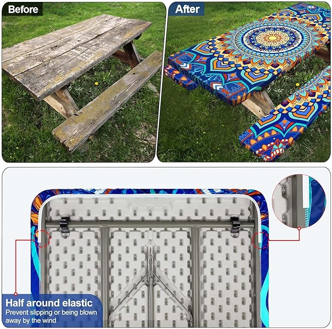 Picnic Table Cover with Bench Covers Camping Essentials Waterproof Windproof Camping Tablecloth with Drawstring Bag, Fitted Rectangle Tables and Seats, 96in, Yellow Blue Orange