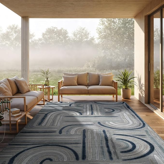 CAMILSON Indoor Outdoor Rug, Blue 5x7 Geometric Arch Striped Area Rugs for Patio and Home Areas, Easy-Cleaning Non-Shedding Living Room, Garden and Deck Washable Outside Carpet (5 x 7)