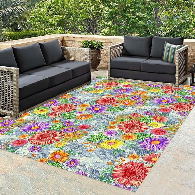 Red Yellow Art Deco Floral Flower Pattern Modern Outdoor Rug 2x3 Waterproof Washable Boho Patio Deck Porch Large Area Rug Non Slip Cute Outside Carpet for Garden Camping Backyard