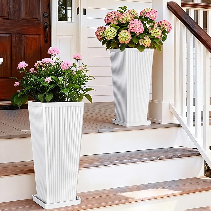 Tapered Tall Planters for Outdoor Plants 2 Pack- 23.6 Inch Square Indoor Flower Pots with Drainage Holes and Partition/Tray Saucers, Large Outdoor Planters for Porch Patio Garden, White