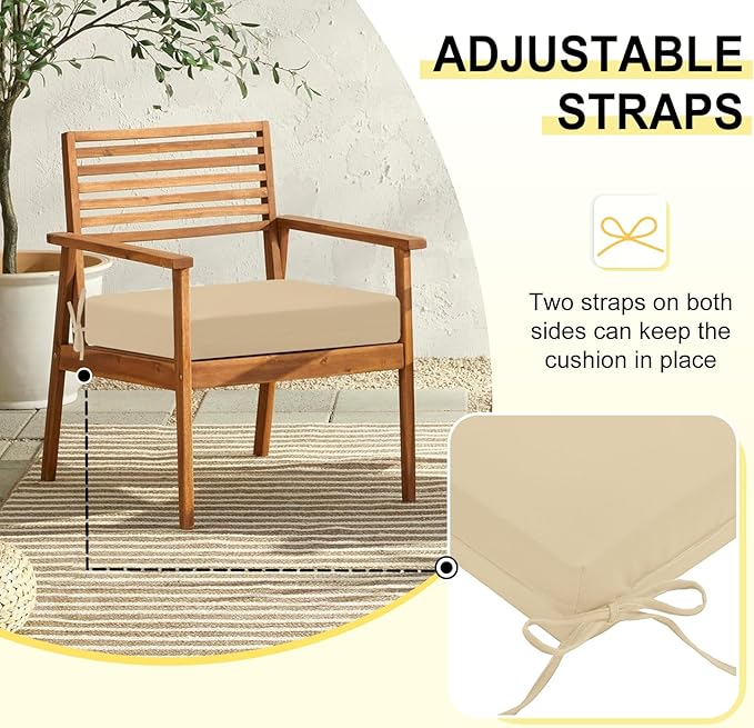 downluxe Outdoor Chair Cushions Set of 2 for Patio Furniture, Water-Resistant Square Corner Patio Chair Cushions with Ties, High Density Foam Outdoor Seat Cushion, 18.5" X 16" X 3", Beige