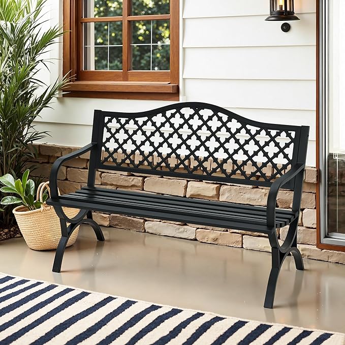 MFSTUDIO 50" Black Outdoor Metal Garden Bench with Arch Legs, Cast Iron Frame Patio Furniture with E-Coating, Perfect for Porch and Yard