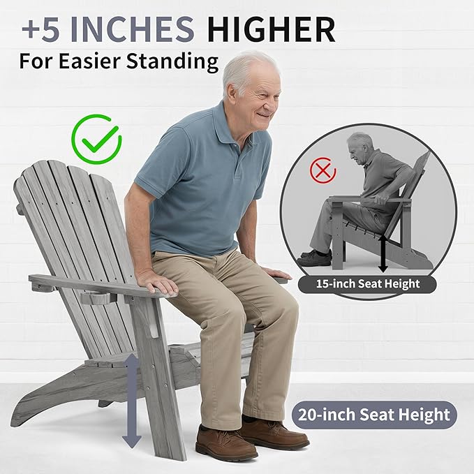 Psilvam Oversized Adirondack Chair, Fade-Resistant & Odor-Free Poly Lumber Fire Pit Chairs with Cup Holder, Weatherproof Outdoor Chair, Easy 15 Min Install Patio Chair, 350 Lbs Support (2, Gray)