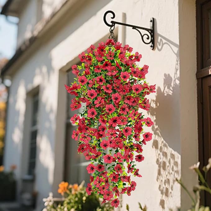 4 Pcs Outdoor Fall Decor, Fall Flowers Artificial For Decoration, Artificial Mums For Outdoors, Fake Mums Faux Mums For Outside Half Sphere, Fake Hanging Plants Plastic Flowers For Home Porch (Red)