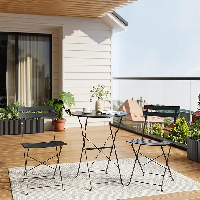 Bistro Table and Chairs Set of 2, 3 Piece Outdoor/Indoor Folding Patio Bistro Sets, 2 Chair Patio Furniture Set with Table, Premium Frame Foldable Coffee Tables for Balcony, Yard, Garden, Black