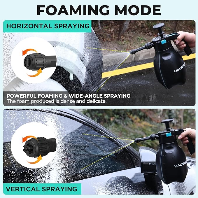 HAUSHOF Hand Pump Sprayer 1/2 Gallon, Pressure Garden Spray Bottle for Plants, Weeds, Flowers, Foam Sprayer Car Detailing with 2 Adjustable Nozzles, Lawn Watering & Outdoor Cleaning, 2L