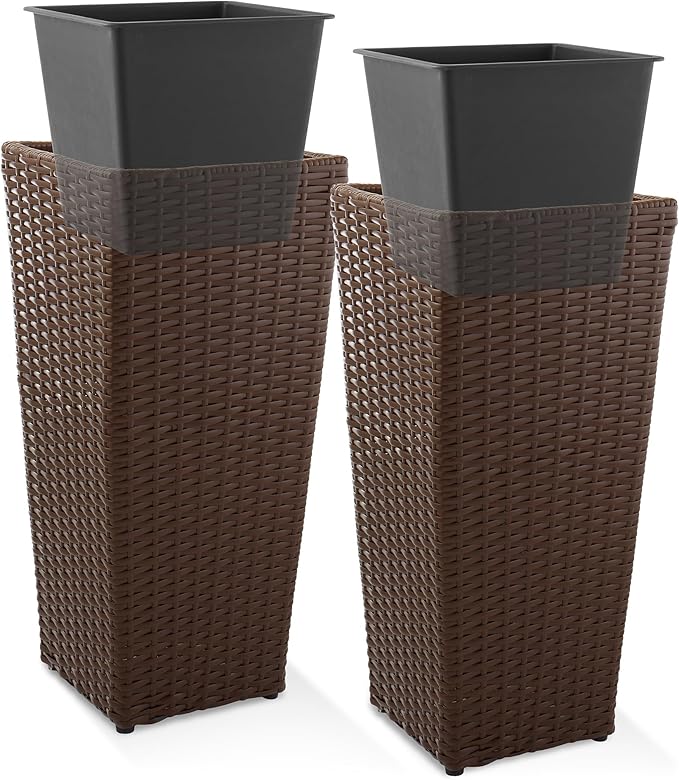 Casafield Set of 2 All-Weather Outdoor Planters with Liners, Tall Tapered Plant Boxes with Flower Pots for Front Porch, Patio, Garden - Espresso