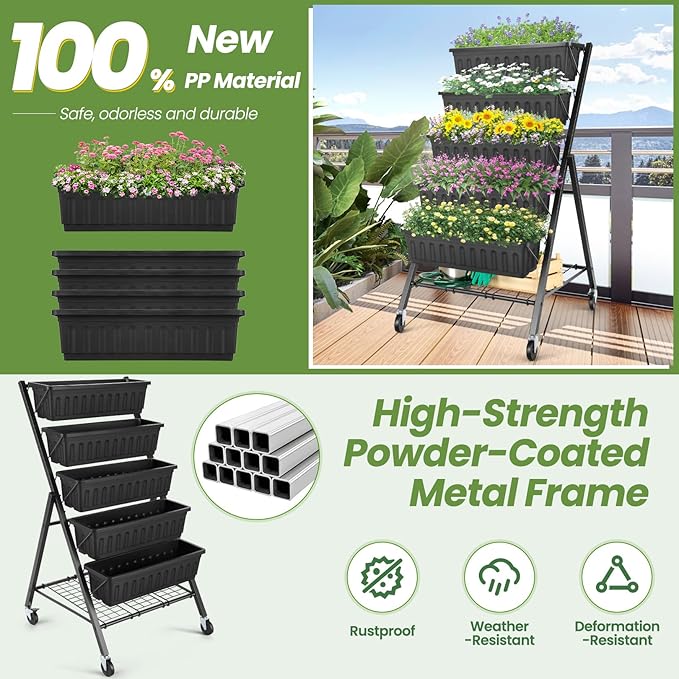 Suyncll Vertical Raised Garden Bed Planter Box, 5 Tiers Vertical Garden Planter with Drainage System and 4 Hooks for Plants Vegetables Flowers (Black with Storage Shelf & Wheels)