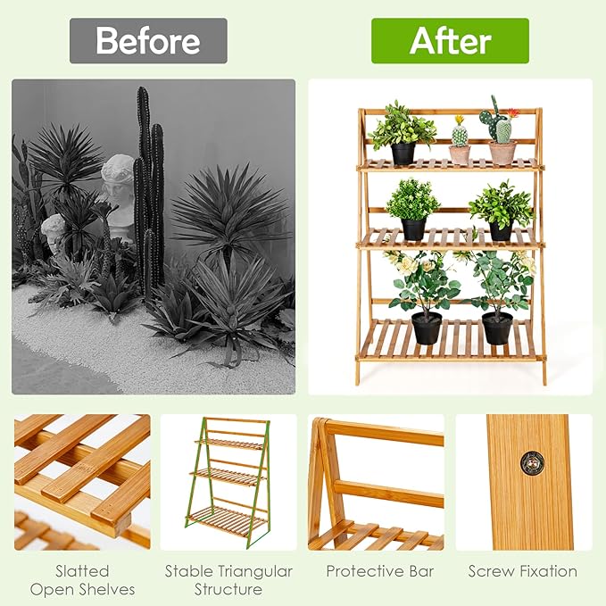 Giantex 3 Tier Folding Storage Shelf, Bamboo Ladder Plant Stand, Multiple Flower Pot Holder Succulent Display Rack, Foldable Shelving Unit for Balcony Garden Living Room Indoor Outdoor