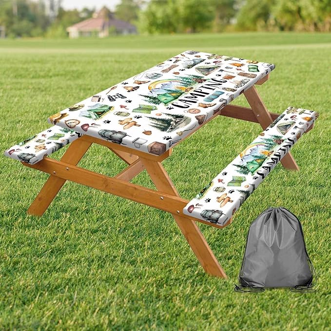 Picnic Table Cover with Bench Covers, Happy Camper RV Camping Tablecloth Fitted Picnic Picnic Table Cover with Elastic Windproof Waterproof, Outdoor & Garden Camping Accessories Essentials, 72in