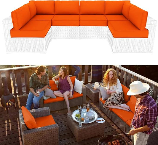 Outdoor Sectional Cushions Replacement Set, 26x26in Patio Furniture Cushions, 14 Pieces Waterproof Outdoor Couch Cushion for 6 Seat Wicker Conversation (Orange)