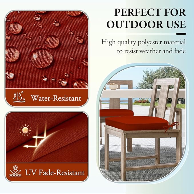 Wellsin Outdoor Chair Cushions for Patio Furniture - Patio Chair Cushions Set of 4 - Water Resistant Round Corner Outdoor Seat Cushions 17"X16"X2", Brick Red