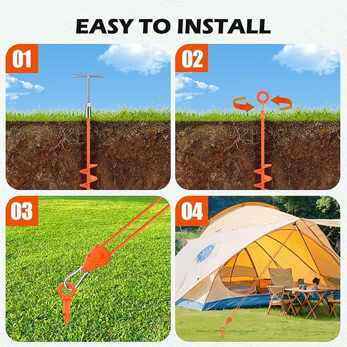 Shed Anchor Kit, 4 Pack 18" Screw in Tent Stakes Heavy Duty Kit, Earth Anchors Heavy Duty with 4 Strong Straps for High Winds, Spiral Trampoline Stakes for Tent Sheds Canopy Gazebo Swing Set （Orange）