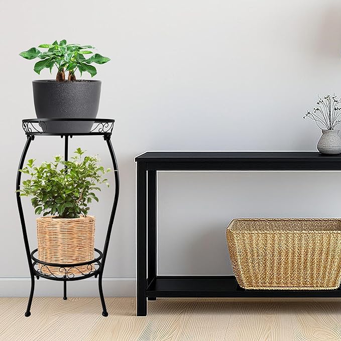 Metal Plant Stand 2 Tier Indoor Outdoor, 2 Pack Tall Flower Pot Shelf Rustproof Stable Heavy Duty Corner Stand, 28 inch Multiple Plant Display Rack for Living Room Patio Balcony Garden