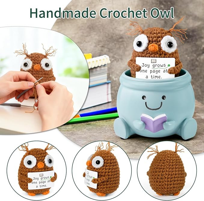 Book Lover Gift Set - Cute Reading Planter Pot with Positive Crochet Owl & Quote Card, Cozy Desk Decor for Teachers, Librarians, Women, Colleague, Friends