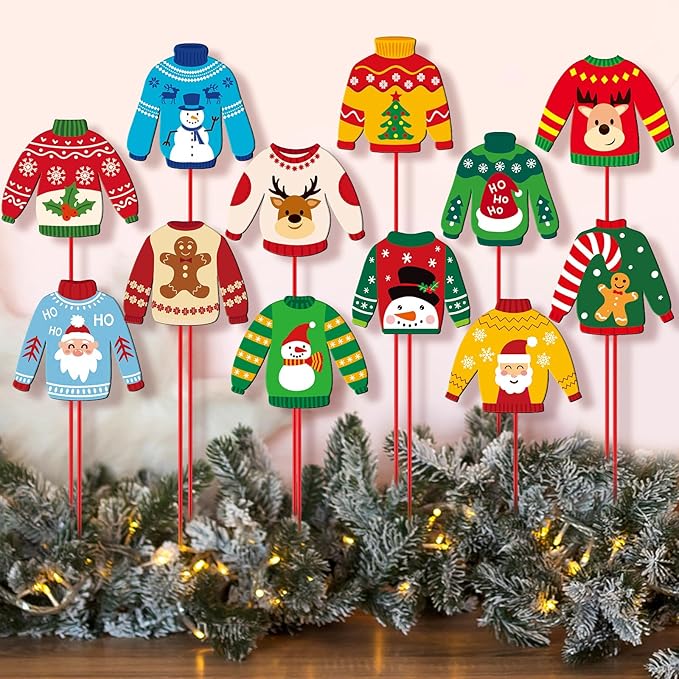 Zonon 12pcs Winter Garden Decorations Winter Snowflake Metal Planter Stakes for Patio Lawn Planter Pot Xmas Nutcracker Gingerbread Yard Stake Signs Outdoor Lawn Decor Party Favor(Ugly Sweater)