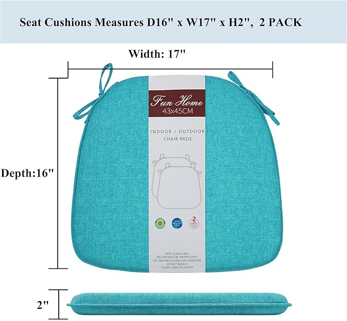 FUNHOME 17"x16"x2" Outdoor Chair Cushions Set of 4, Water Resistant Patio Chair Pads with Ties, Seat Cushions for Home Garden Furniture Decoration-Aqua Blue