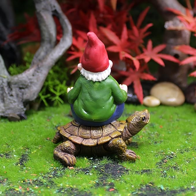 Garden Gnome Meditating on Turtle Statue, Miniature Fairy Garden Decoration, Tiny Gnome Figurine Plant Pot Decor 3 x 2.6 x 2.2 inches