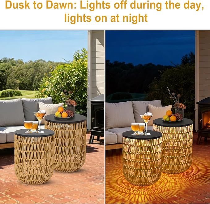 HMVPL Solar Outdoor Side Table Set of 2 with Dimmable Light, Round Patio Side Table for Outside, Outdoor End Accent Tables, Plastic Rattan Patio End Table for Poolside Backyard Gazebo, Dusk to Dawn