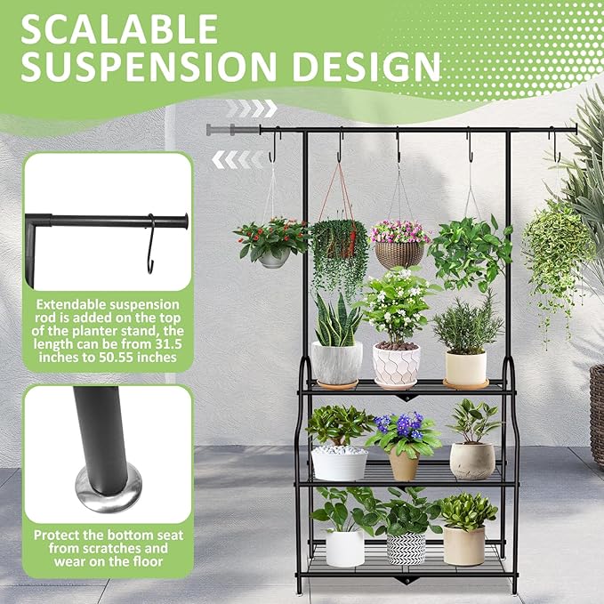 3 Tier Metal Plant Stand Indoor Outdoor, Heavy Duty Metal Hanging Plant Shelf for Multiple Flower Planter Holder, Tall Plant Holder with Plant Hanger for Garden, Living Room, Balcon