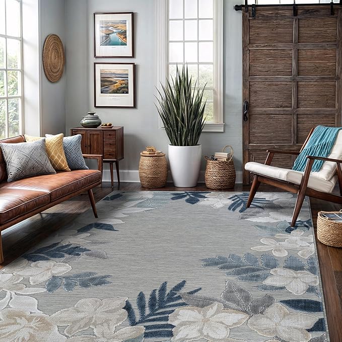 Outdoor Rug 6x9 Washable Area Rugs Indoor Outdoor Carpets Blue Border Floral Non Shedding Waterproof Easy Clean Patio Deck Porch Living Room Bedroom Garden RV (6 X 9 Blue)