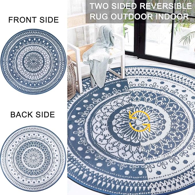 Cekene Round Outdoor Rugs for Patio 5Ft Waterproof Reversible Outdoor Patio Rugs Blue Lightweight Plastic Straw Rugs Portable RV Camping Mat Floor Carpet for Deck Porch Picnic