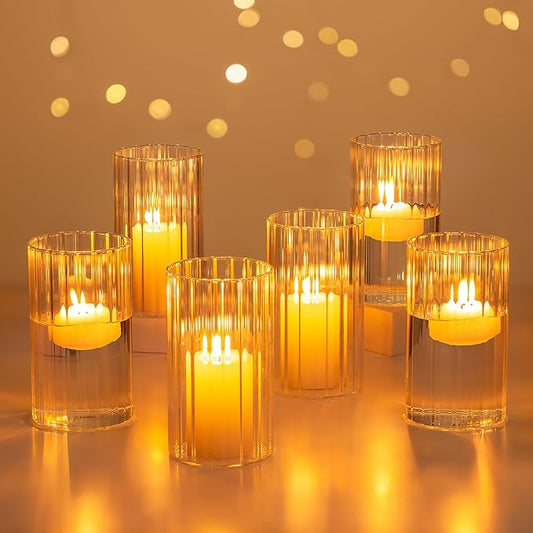 Glasseam Hurricane Glass Candle Holders: 6 Pcs Clear Candle Holders for Pillar Candles Ribbed Modern Candle Holder Decorative Cylinder Vases for Centerpiece Wedding Table Decoration 5.91’’