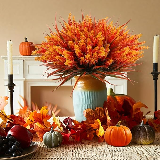 Geegoods 24 Bundles Artificial Fall Flowers Outdoor – Faux Lavender Flowers with Monkey Grass UV Resistant Plastic Faux Plants for Garden Porch Patio Home Decor, Autumn-Orange Color (Pack of 2)