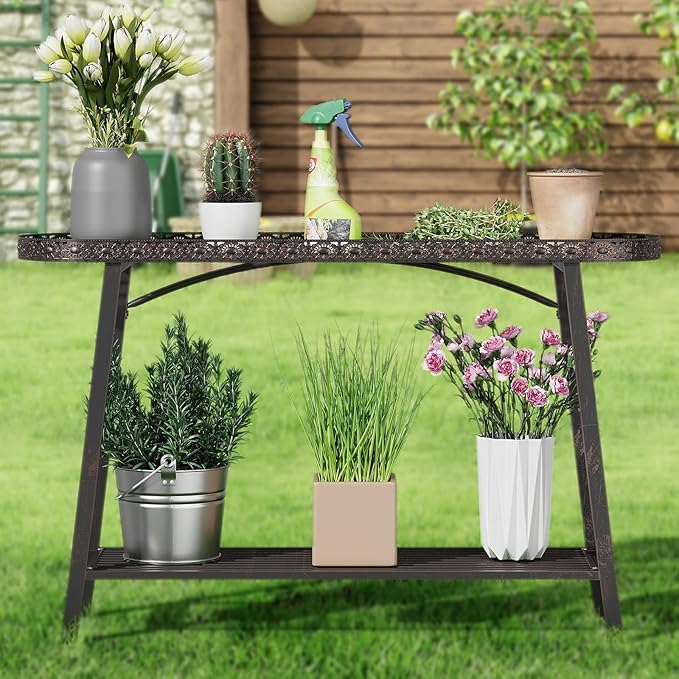 2 Tier Plant Stand Outdoor Indoor Metal Pland Stand, Heavy Duty Tall Plant Shelf Rack Display Flower Pot Holder for Patio Garden Balcony Living Room, Distressed Vintage Black